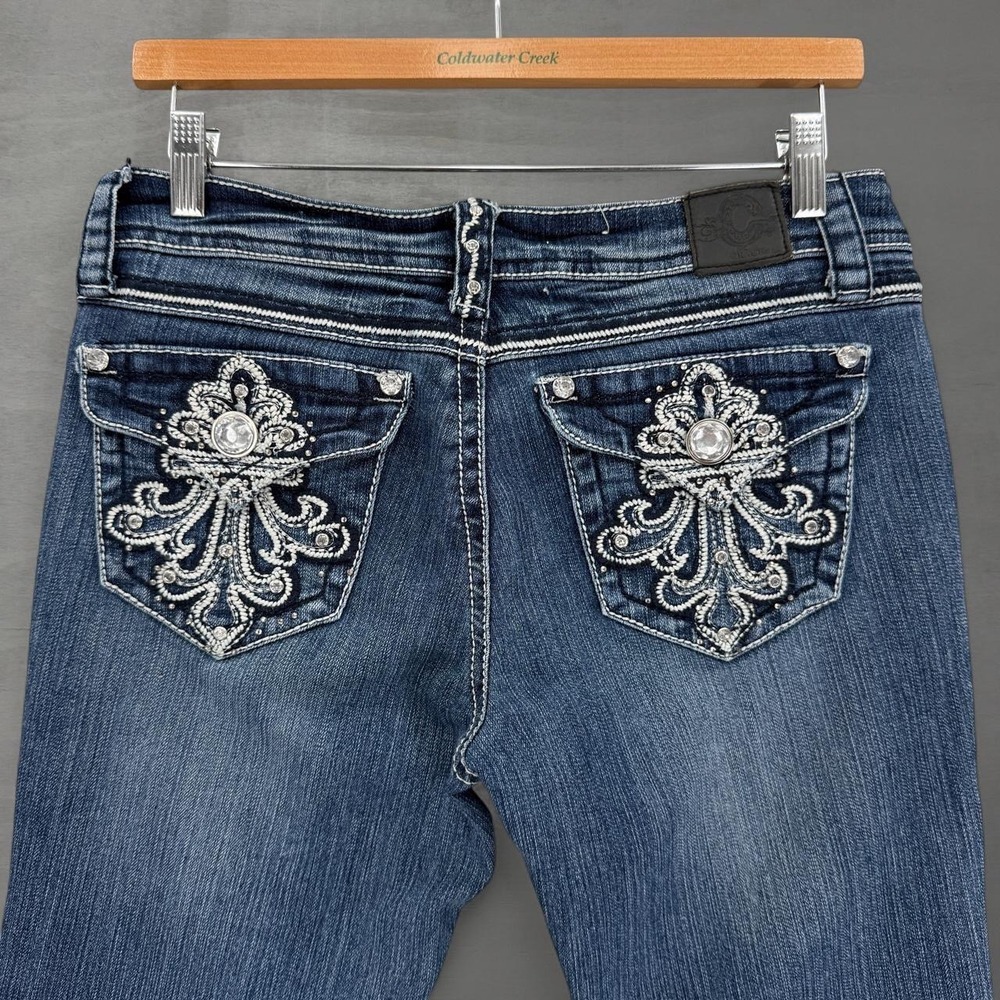 Grace in LA Y2K Bootcut Jeans Blue Embroidered Bedazzled Rhinestone Sequin 28